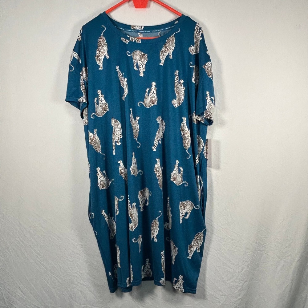 Joyspun Sleep Dress Womens 2X-3X Teal White Tiger Print Pockets NWT